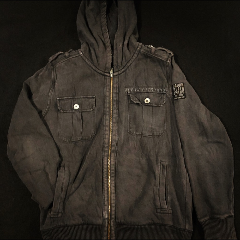 Calvin Klein’s Men’s Dark Grey Torn Style Hoodie